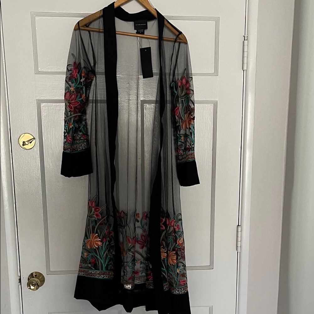 Sheer Black Floral Embroidered Long Cardigan Dress